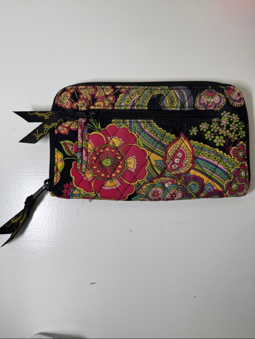 Vera Bradley bifold black and pink print fabric wallet.